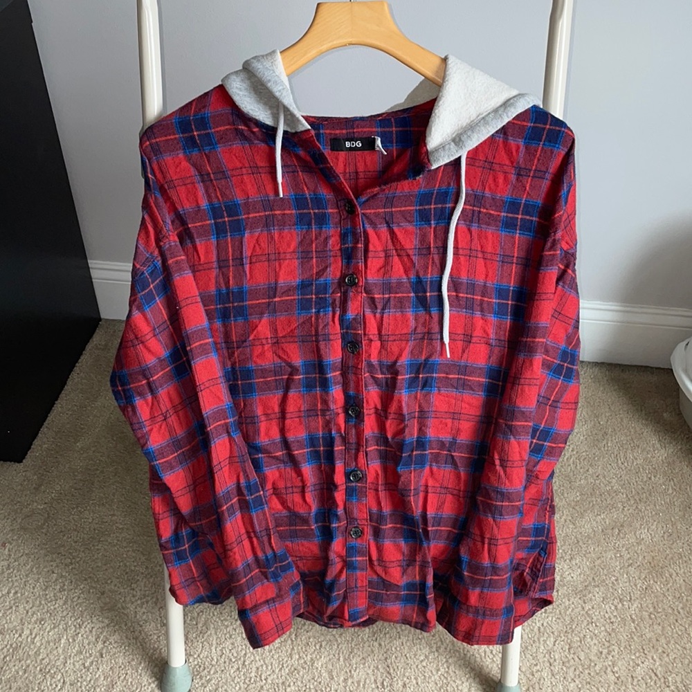 Red and blue oversized hooded flannel; BDG from Urban Outfitters (Size XS)